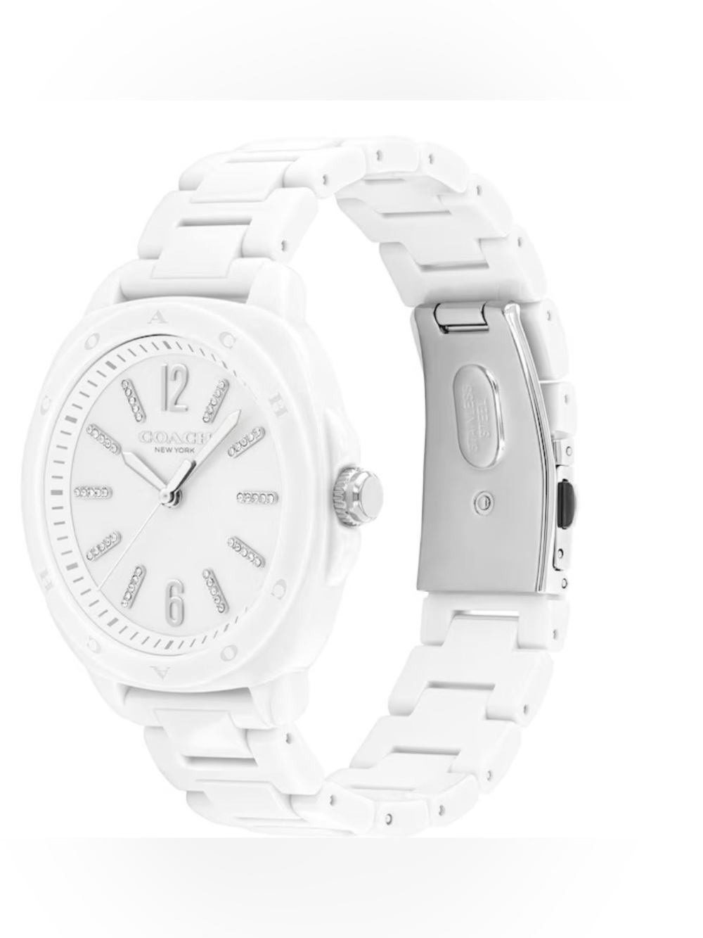 New In The Box Coach Kitt Crystal Accent White Ceramic Watch with White Dial